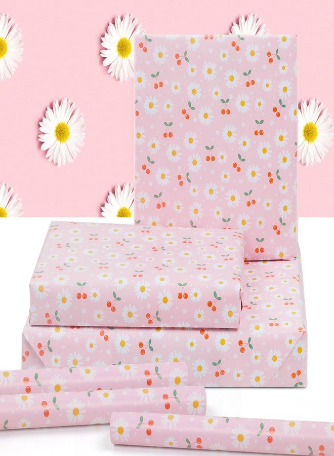 AirCool White and Yellow Daisy Floral With Red Cherries On Pink Gift Wrapping Paper 6 Sheets For Kids Girls Boys Women, 20 x 30 inch Flower Gift Wrap for Birthday Baby Shower Wedding Holiday Christening - Image 3